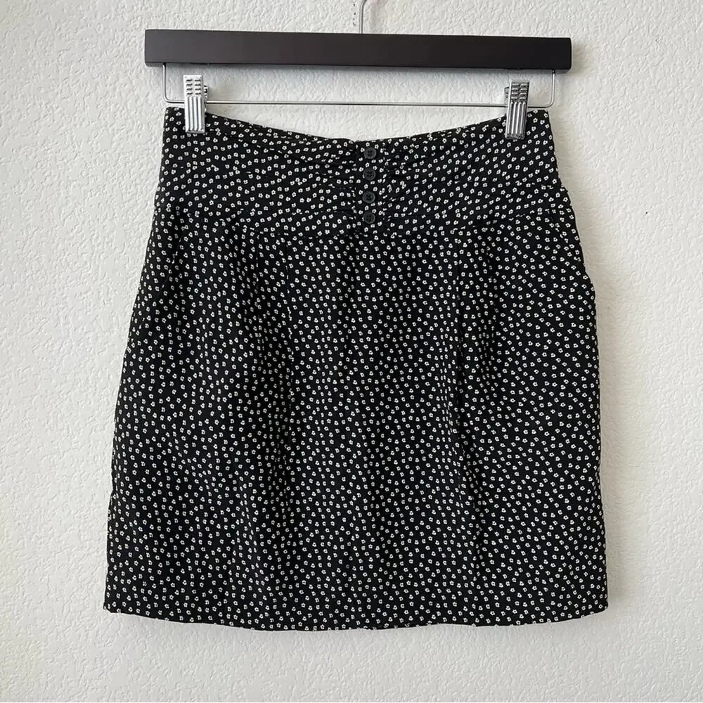 Club Monaco black yellow daisy print silk mini skirt pockets